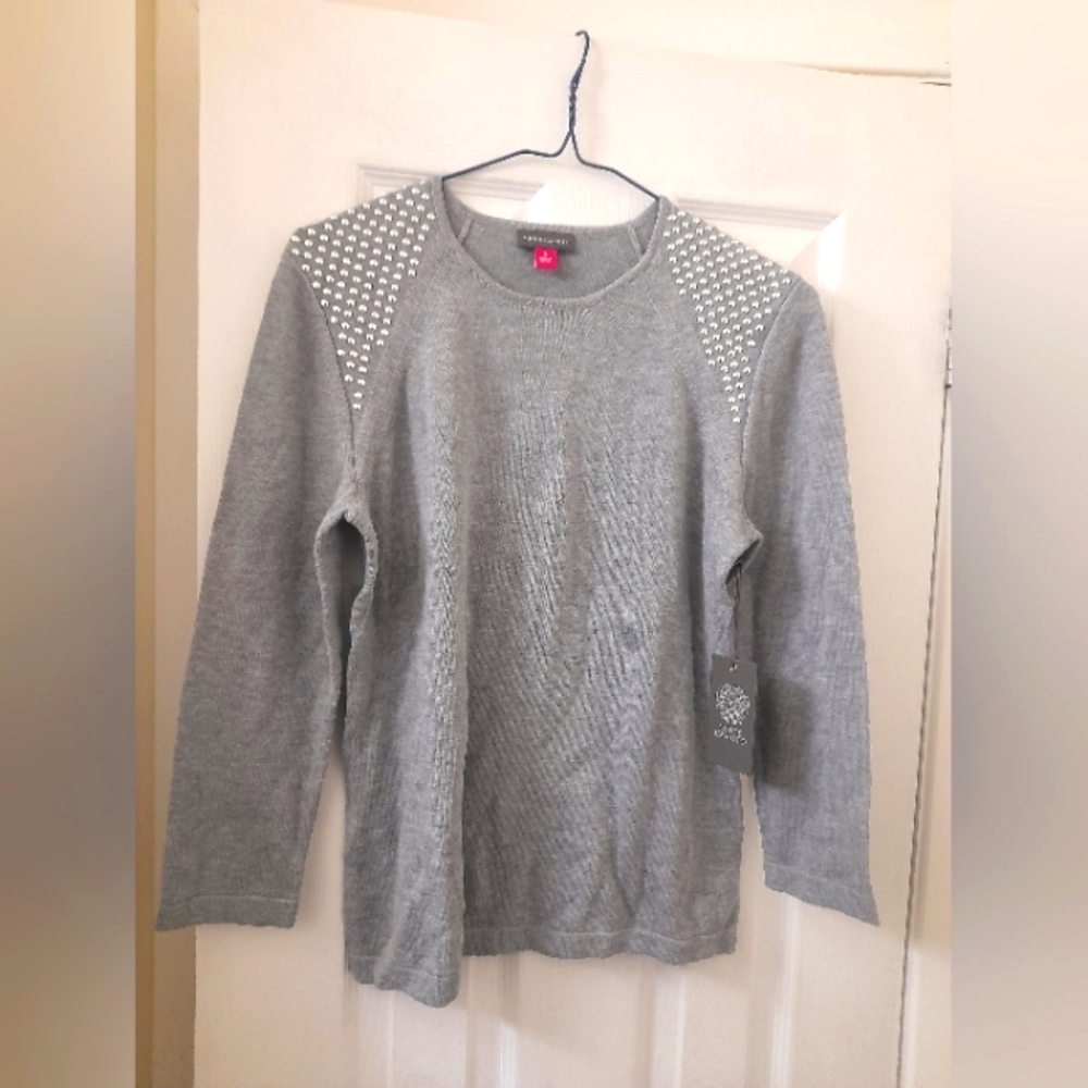 Vince Camuto - Women's Shoulder Studded 3/4 Sleeve Sweater -Grey -Size: Small